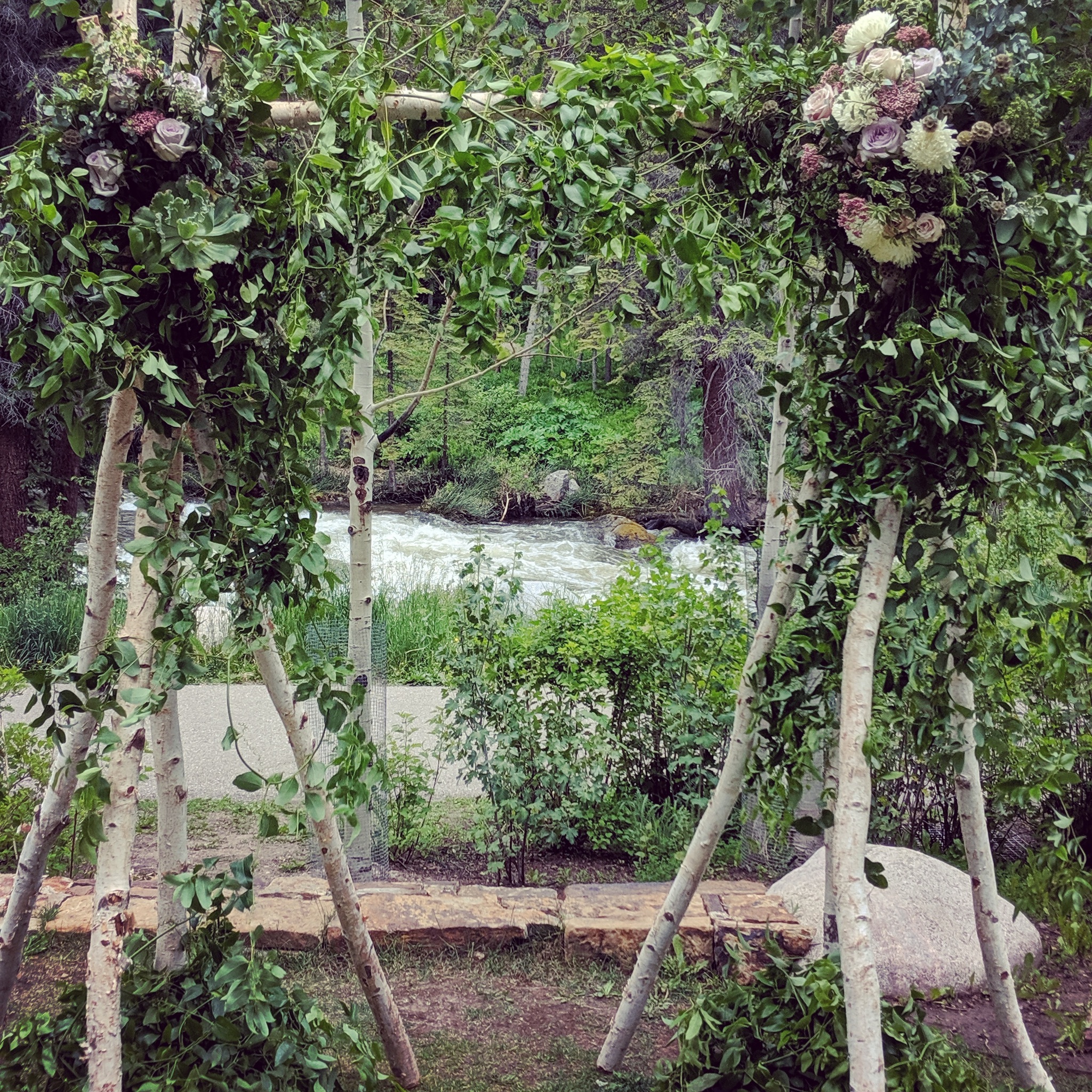 Aspen branch wedding arch with greenery and flowers along Gore Creek Trail behind Grand Hyatt Vail Colorado designed by A Secret Garden Vail florist