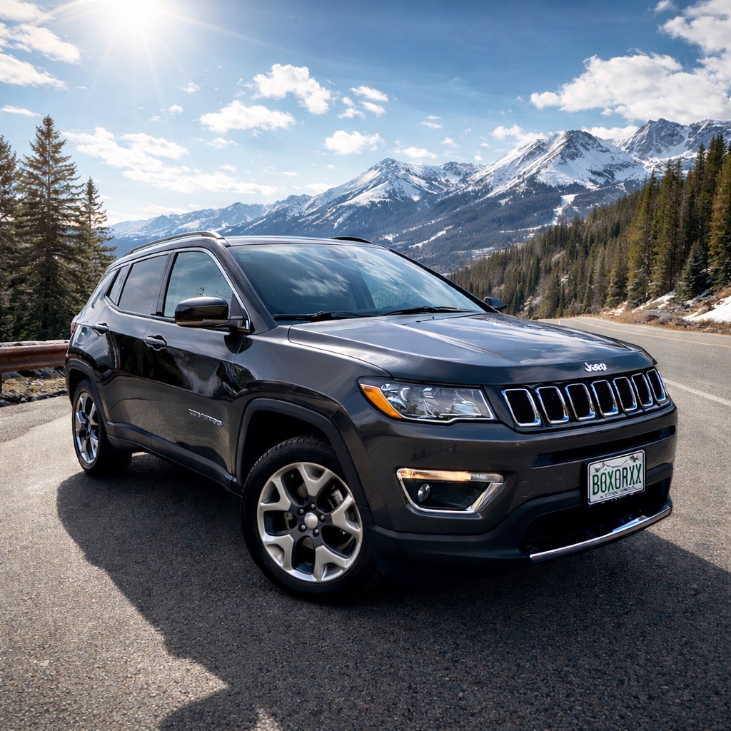 Dark gray Jeep Compass rental parked on a scenic Vail Colorado mountain road with snow-capped peaks—available through Sasquatch Jeep Rentals on Turo.